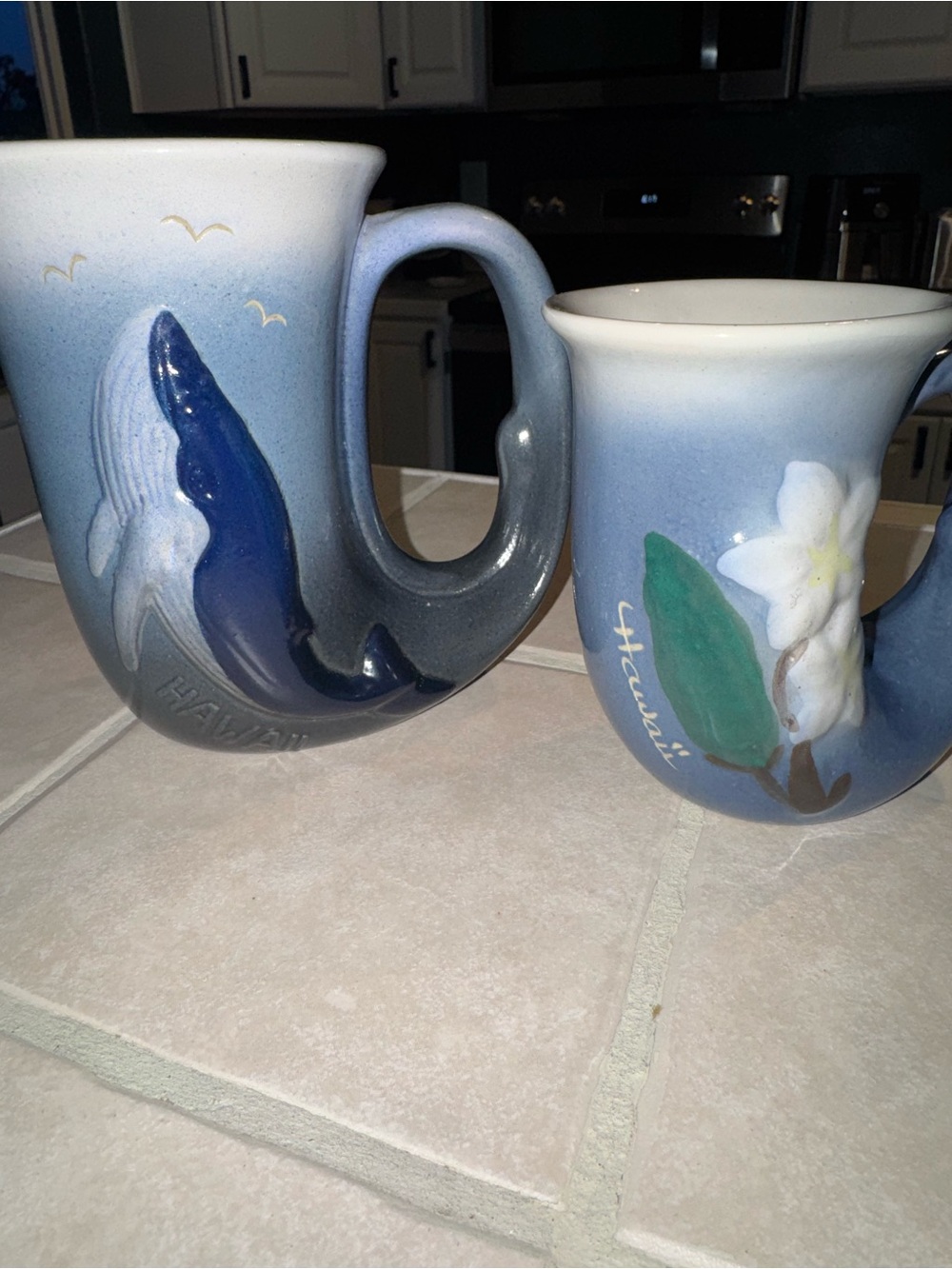 Vintage Hand-Painted Blue Whale & Plumeria Ceramic Mugs - Hawaii